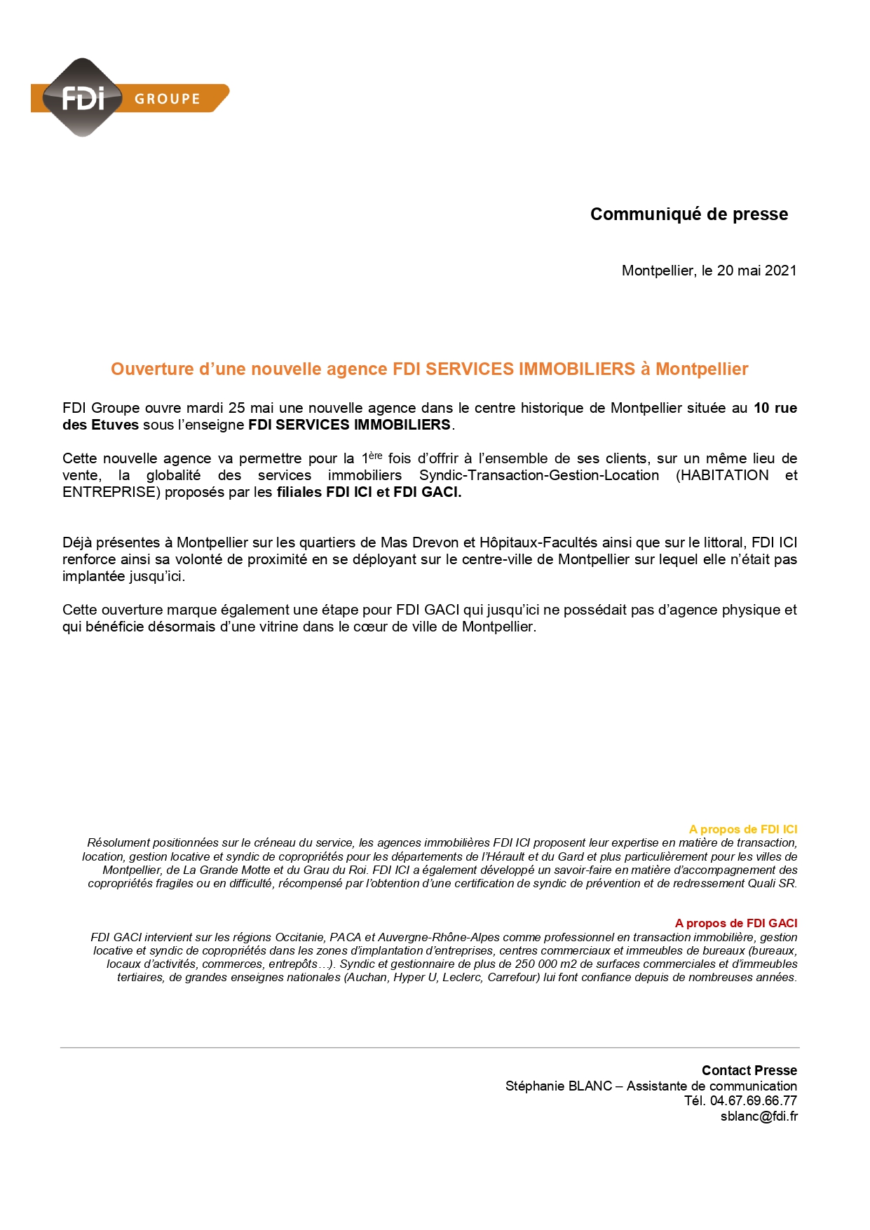 Cp ouverture nouvelle agence fdi services immobiliers